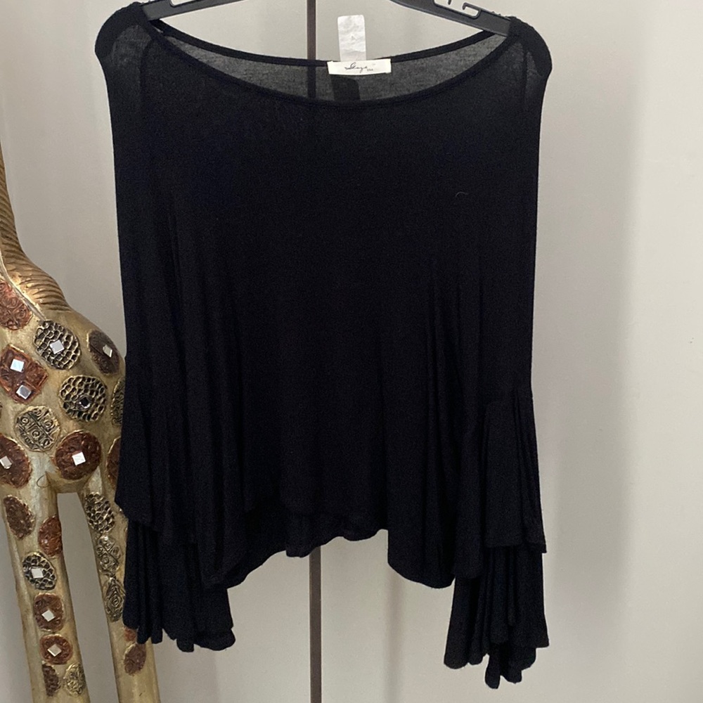 Gaze USA Womens Black Tiered Ruffled Bell Sleeve Rayon Spandex Top Small
